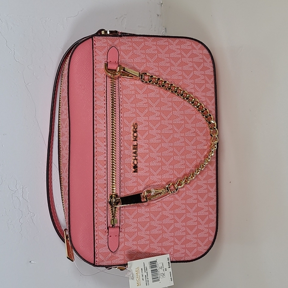 MICHAEL KORS Jet Set Zip Chain MK Signature Crossbody Bag Grapefruit